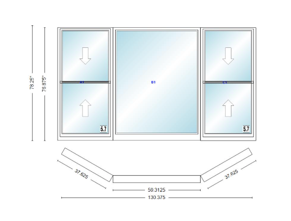 Andersen 400 Series Double Hung Bay Window 130 3/8" Wide Picture With Double Hung Flankers 30 Degree Angle Of Deflection Vinyl Exterior Wood Interior Low-E4 Dual Pane Argon Gas