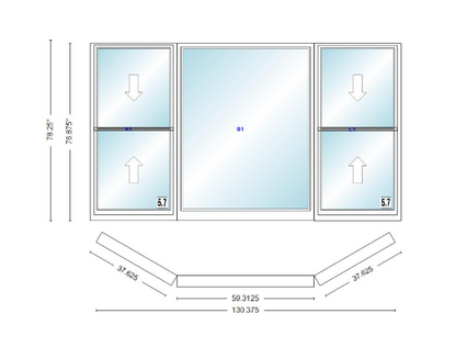 Andersen 400 Series Double Hung Bay Window 130 3/8" Wide Picture With Double Hung Flankers 30 Degree Angle Of Deflection Vinyl Exterior Wood Interior Low-E4 Dual Pane Argon Gas