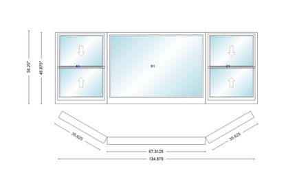 Andersen 400 Series Double Hung Bay Window 134 7/8" Wide Picture With Double Hung Flankers 30 Degree Angle Of Deflection Vinyl Exterior Wood Interior Low-E4 Dual Pane Argon Gas