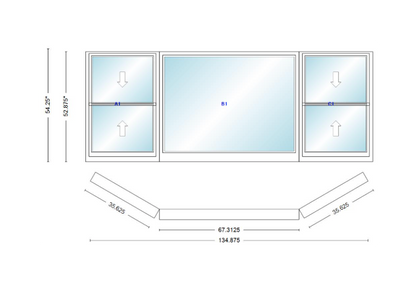 Andersen 400 Series Double Hung Bay Window 134 7/8" Wide Picture With Double Hung Flankers 30 Degree Angle Of Deflection Vinyl Exterior Wood Interior Low-E4 Dual Pane Argon Gas