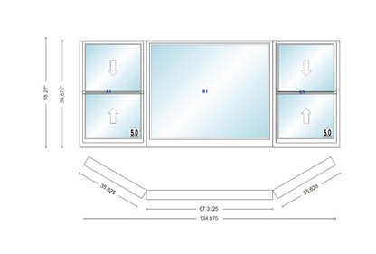 Andersen 400 Series Double Hung Bay Window 134 7/8" Wide Picture With Double Hung Flankers 30 Degree Angle Of Deflection Vinyl Exterior Wood Interior Low-E4 Dual Pane Argon Gas