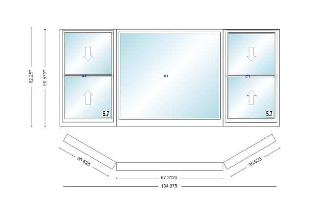 Andersen 400 Series Double Hung Bay Window 134 7/8" Wide Picture With Double Hung Flankers 30 Degree Angle Of Deflection Vinyl Exterior Wood Interior Low-E4 Dual Pane Argon Gas