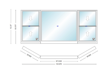 Andersen 400 Series Double Hung Bay Window 134 7/8" Wide Picture With Double Hung Flankers 30 Degree Angle Of Deflection Vinyl Exterior Wood Interior Low-E4 Dual Pane Argon Gas
