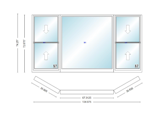 Andersen 400 Series Double Hung Bay Window 134 7/8" Wide Picture With Double Hung Flankers 30 Degree Angle Of Deflection Vinyl Exterior Wood Interior Low-E4 Dual Pane Argon Gas
