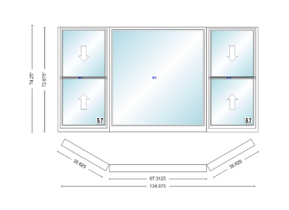 Andersen 400 Series Double Hung Bay Window 134 7/8" Wide Picture With Double Hung Flankers 30 Degree Angle Of Deflection Vinyl Exterior Wood Interior Low-E4 Dual Pane Argon Gas