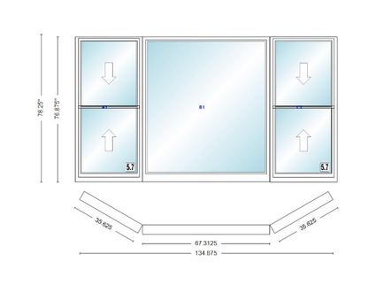 Andersen 400 Series Double Hung Bay Window 134 7/8" Wide Picture With Double Hung Flankers 30 Degree Angle Of Deflection Vinyl Exterior Wood Interior Low-E4 Dual Pane Argon Gas