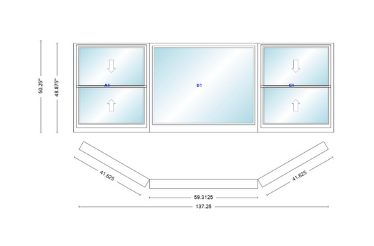 Andersen 400 Series Double Hung Bay Window 137 1/4" Wide Picture With Double Hung Flankers 30 Degree Angle Of Deflection Vinyl Exterior Wood Interior Low-E4 Dual Pane Argon Gas