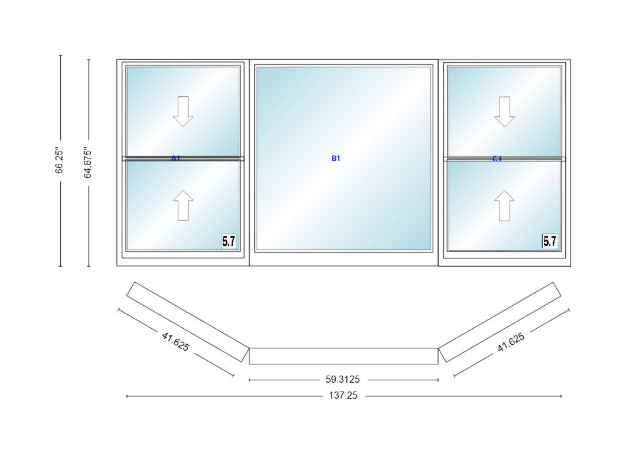 Andersen 400 Series Double Hung Bay Window 137 1/4" Wide Picture With Double Hung Flankers 30 Degree Angle Of Deflection Vinyl Exterior Wood Interior Low-E4 Dual Pane Argon Gas