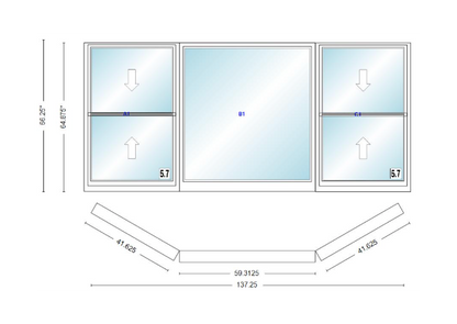 Andersen 400 Series Double Hung Bay Window 137 1/4" Wide Picture With Double Hung Flankers 30 Degree Angle Of Deflection Vinyl Exterior Wood Interior Low-E4 Dual Pane Argon Gas