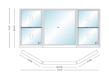 Andersen 400 Series Double Hung Bay Window 137 1/4" Wide Picture With Double Hung Flankers 30 Degree Angle Of Deflection Vinyl Exterior Wood Interior Low-E4 Dual Pane Argon Gas