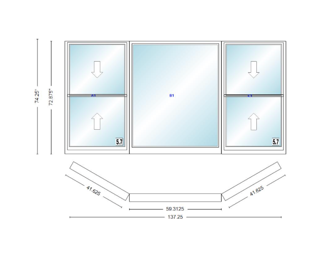 Andersen 400 Series Double Hung Bay Window 137 1/4" Wide Picture With Double Hung Flankers 30 Degree Angle Of Deflection Vinyl Exterior Wood Interior Low-E4 Dual Pane Argon Gas