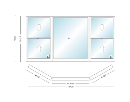 Andersen 400 Series Double Hung Bay Window 137 1/4" Wide Picture With Double Hung Flankers 30 Degree Angle Of Deflection Vinyl Exterior Wood Interior Low-E4 Dual Pane Argon Gas
