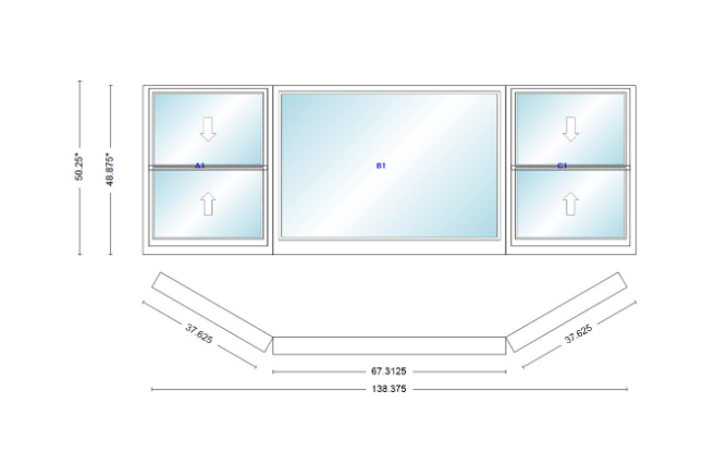 Andersen 400 Series Double Hung Bay Window 138 3/8" Wide Picture With Double Hung Flankers 30 Degree Angle Of Deflection Vinyl Exterior Wood Interior Low-E4 Dual Pane Argon Gas