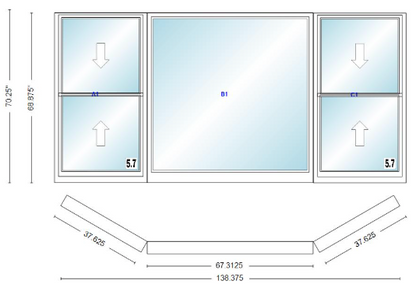 Andersen 400 Series Double Hung Bay Window 138 3/8" Wide Picture With Double Hung Flankers 30 Degree Angle Of Deflection Vinyl Exterior Wood Interior Low-E4 Dual Pane Argon Gas