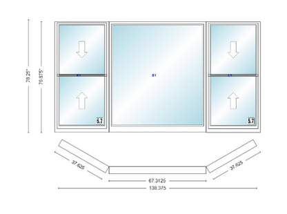 Andersen 400 Series Double Hung Bay Window 138 3/8" Wide Picture With Double Hung Flankers 30 Degree Angle Of Deflection Vinyl Exterior Wood Interior Low-E4 Dual Pane Argon Gas