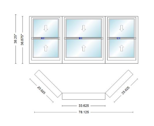 Andersen 400 Series Double Hung Bay Window 78 1/8" Wide Double Hung With Double Hung Flankers 45 Degree Angle Of Deflection Vinyl Exterior Wood Interior Low-E4 Dual Pane Argon Gas