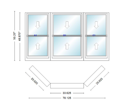 Andersen 400 Series Double Hung Bay Window 78 1/8" Wide Double Hung With Double Hung Flankers 45 Degree Angle Of Deflection Vinyl Exterior Wood Interior Low-E4 Dual Pane Argon Gas