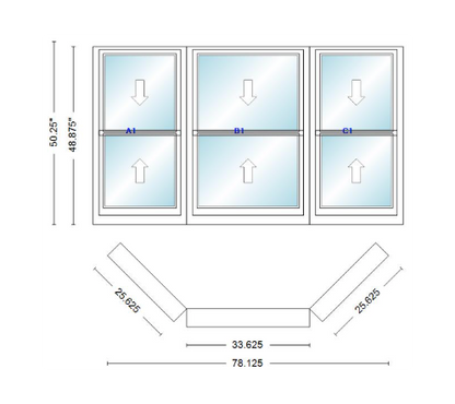 Andersen 400 Series Double Hung Bay Window 78 1/8" Wide Double Hung With Double Hung Flankers 45 Degree Angle Of Deflection Vinyl Exterior Wood Interior Low-E4 Dual Pane Argon Gas