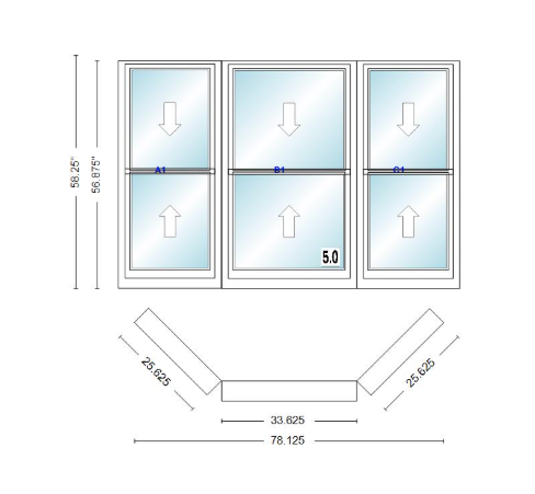 Andersen 400 Series Double Hung Bay Window 78 1/8" Wide Double Hung With Double Hung Flankers 45 Degree Angle Of Deflection Vinyl Exterior Wood Interior Low-E4 Dual Pane Argon Gas
