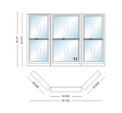 Andersen 400 Series Double Hung Bay Window 78 1/8" Wide Double Hung With Double Hung Flankers 45 Degree Angle Of Deflection Vinyl Exterior Wood Interior Low-E4 Dual Pane Argon Gas