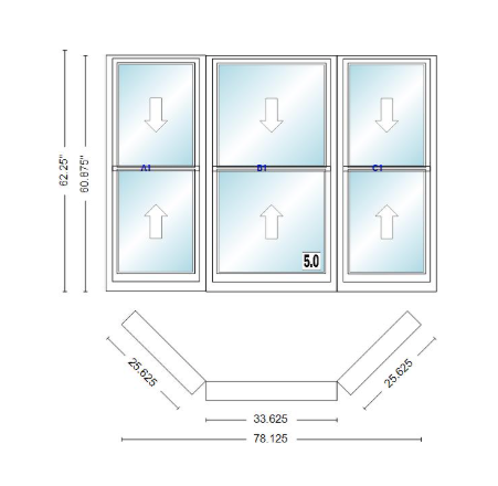 Andersen 400 Series Double Hung Bay Window 78 1/8" Wide Double Hung With Double Hung Flankers 45 Degree Angle Of Deflection Vinyl Exterior Wood Interior Low-E4 Dual Pane Argon Gas