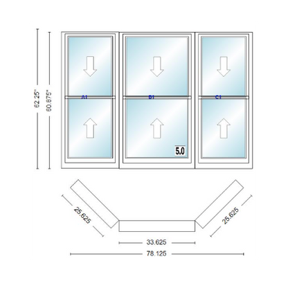 Andersen 400 Series Double Hung Bay Window 78 1/8" Wide Double Hung With Double Hung Flankers 45 Degree Angle Of Deflection Vinyl Exterior Wood Interior Low-E4 Dual Pane Argon Gas