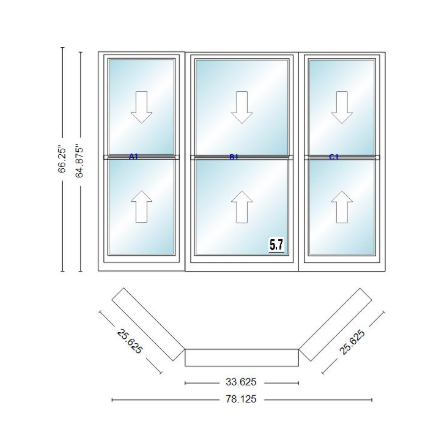 Andersen 400 Series Double Hung Bay Window 78 1/8" Wide Double Hung With Double Hung Flankers 45 Degree Angle Of Deflection Vinyl Exterior Wood Interior Low-E4 Dual Pane Argon Gas
