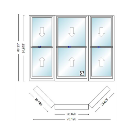 Andersen 400 Series Double Hung Bay Window 78 1/8" Wide Double Hung With Double Hung Flankers 45 Degree Angle Of Deflection Vinyl Exterior Wood Interior Low-E4 Dual Pane Argon Gas