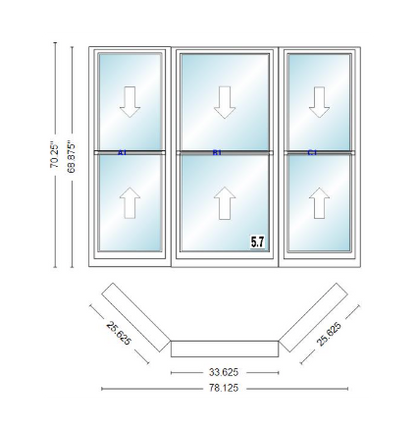 Andersen 400 Series Double Hung Bay Window 78 1/8" Wide Double Hung With Double Hung Flankers 45 Degree Angle Of Deflection Vinyl Exterior Wood Interior Low-E4 Dual Pane Argon Gas