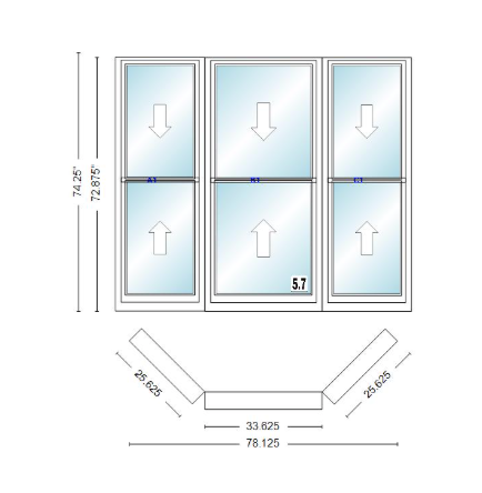 Andersen 400 Series Double Hung Bay Window 78 1/8" Wide Double Hung With Double Hung Flankers 45 Degree Angle Of Deflection Vinyl Exterior Wood Interior Low-E4 Dual Pane Argon Gas