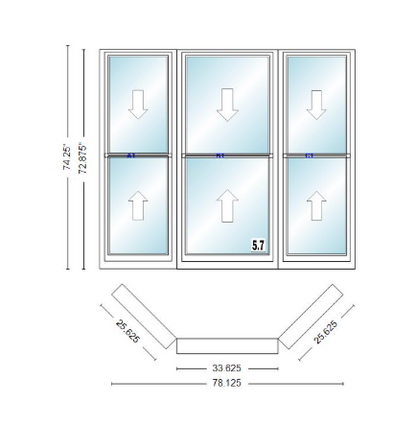 Andersen 400 Series Double Hung Bay Window 78 1/8" Wide Double Hung With Double Hung Flankers 45 Degree Angle Of Deflection Vinyl Exterior Wood Interior Low-E4 Dual Pane Argon Gas
