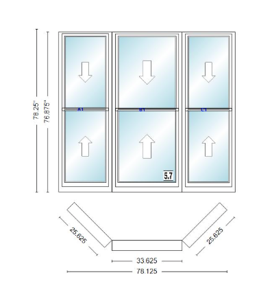 Andersen 400 Series Double Hung Bay Window 78 1/8" Wide Double Hung With Double Hung Flankers 45 Degree Angle Of Deflection Vinyl Exterior Wood Interior Low-E4 Dual Pane Argon Gas