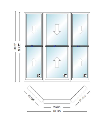 Andersen 400 Series Double Hung Bay Window 78 1/8" Wide Double Hung With Double Hung Flankers 45 Degree Angle Of Deflection Vinyl Exterior Wood Interior Low-E4 Dual Pane Argon Gas