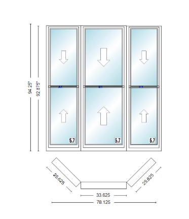 Andersen 400 Series Double Hung Bay Window 78 1/8" Wide Double Hung With Double Hung Flankers 45 Degree Angle Of Deflection Vinyl Exterior Wood Interior Low-E4 Dual Pane Argon Gas