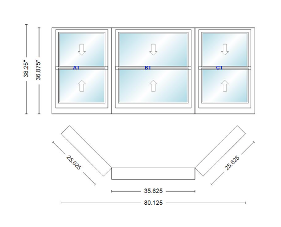 Andersen 400 Series Double Hung Bay Window 80 1/8" Wide Double Hung With Double Hung Flankers 45 Degree Angle Of Deflection Vinyl Exterior Wood Interior Low-E4 Dual Pane Argon Gas