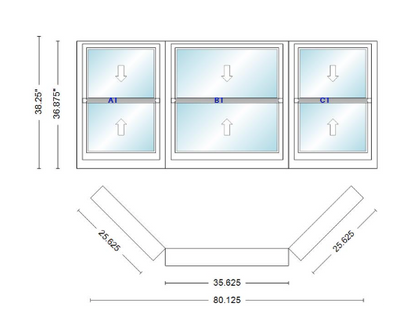 Andersen 400 Series Double Hung Bay Window 80 1/8" Wide Double Hung With Double Hung Flankers 45 Degree Angle Of Deflection Vinyl Exterior Wood Interior Low-E4 Dual Pane Argon Gas