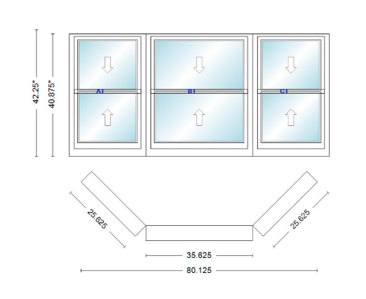 Andersen 400 Series Double Hung Bay Window 80 1/8" Wide Double Hung With Double Hung Flankers 45 Degree Angle Of Deflection Vinyl Exterior Wood Interior Low-E4 Dual Pane Argon Gas
