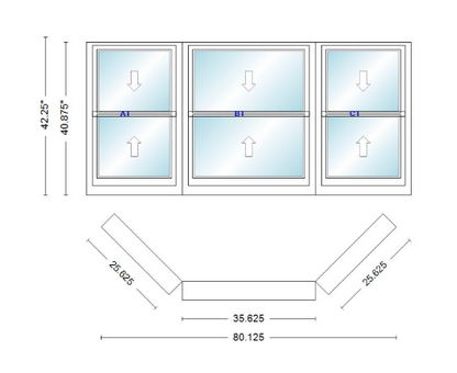 Andersen 400 Series Double Hung Bay Window 80 1/8" Wide Double Hung With Double Hung Flankers 45 Degree Angle Of Deflection Vinyl Exterior Wood Interior Low-E4 Dual Pane Argon Gas