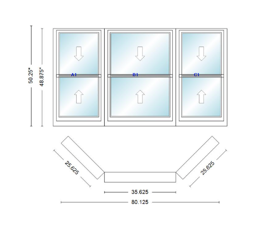Andersen 400 Series Double Hung Bay Window 80 1/8" Wide Double Hung With Double Hung Flankers 45 Degree Angle Of Deflection Vinyl Exterior Wood Interior Low-E4 Dual Pane Argon Gas