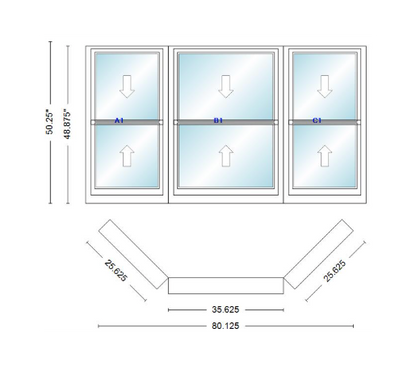 Andersen 400 Series Double Hung Bay Window 80 1/8" Wide Double Hung With Double Hung Flankers 45 Degree Angle Of Deflection Vinyl Exterior Wood Interior Low-E4 Dual Pane Argon Gas