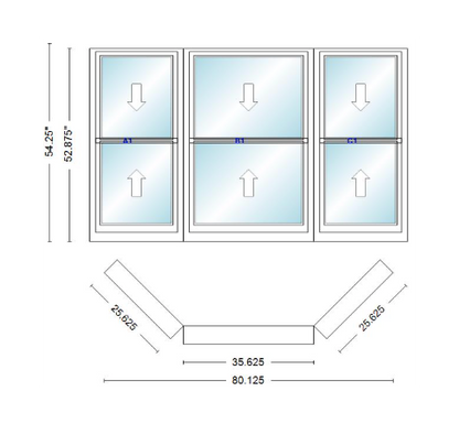 Andersen 400 Series Double Hung Bay Window 80 1/8" Wide Double Hung With Double Hung Flankers 45 Degree Angle Of Deflection Vinyl Exterior Wood Interior Low-E4 Dual Pane Argon Gas
