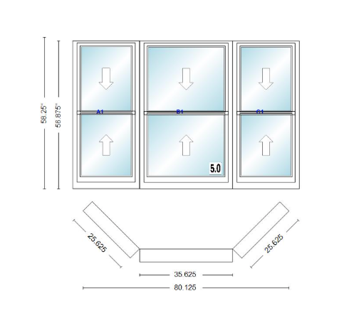 Andersen 400 Series Double Hung Bay Window 80 1/8" Wide Double Hung With Double Hung Flankers 45 Degree Angle Of Deflection Vinyl Exterior Wood Interior Low-E4 Dual Pane Argon Gas