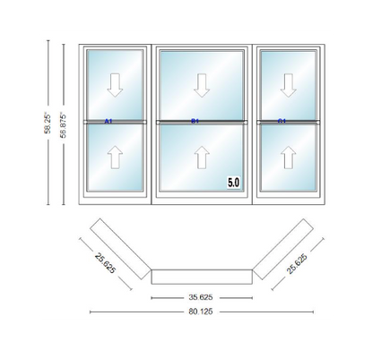 Andersen 400 Series Double Hung Bay Window 80 1/8" Wide Double Hung With Double Hung Flankers 45 Degree Angle Of Deflection Vinyl Exterior Wood Interior Low-E4 Dual Pane Argon Gas