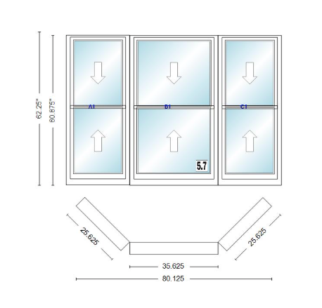 Andersen 400 Series Double Hung Bay Window 80 1/8" Wide Double Hung With Double Hung Flankers 45 Degree Angle Of Deflection Vinyl Exterior Wood Interior Low-E4 Dual Pane Argon Gas