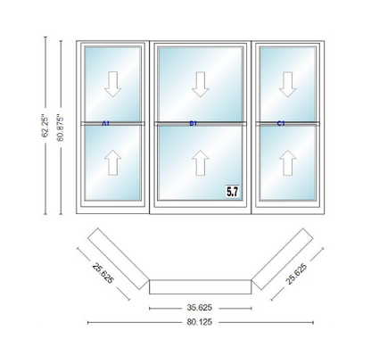 Andersen 400 Series Double Hung Bay Window 80 1/8" Wide Double Hung With Double Hung Flankers 45 Degree Angle Of Deflection Vinyl Exterior Wood Interior Low-E4 Dual Pane Argon Gas