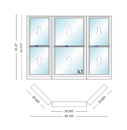 Andersen 400 Series Double Hung Bay Window 80 1/8" Wide Double Hung With Double Hung Flankers 45 Degree Angle Of Deflection Vinyl Exterior Wood Interior Low-E4 Dual Pane Argon Gas