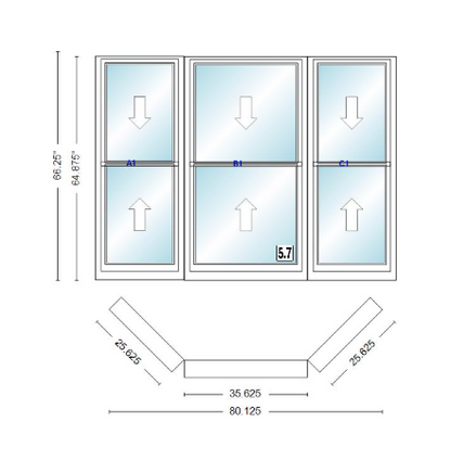 Andersen 400 Series Double Hung Bay Window 80 1/8" Wide Double Hung With Double Hung Flankers 45 Degree Angle Of Deflection Vinyl Exterior Wood Interior Low-E4 Dual Pane Argon Gas