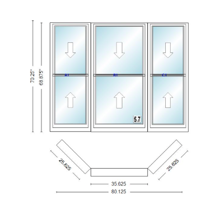 Andersen 400 Series Double Hung Bay Window 80 1/8" Wide Double Hung With Double Hung Flankers 45 Degree Angle Of Deflection Vinyl Exterior Wood Interior Low-E4 Dual Pane Argon Gas