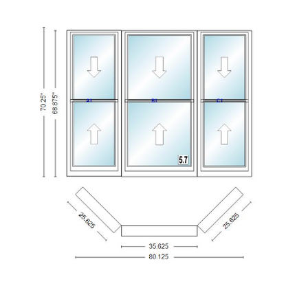 Andersen 400 Series Double Hung Bay Window 80 1/8" Wide Double Hung With Double Hung Flankers 45 Degree Angle Of Deflection Vinyl Exterior Wood Interior Low-E4 Dual Pane Argon Gas