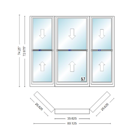 Andersen 400 Series Double Hung Bay Window 80 1/8" Wide Double Hung With Double Hung Flankers 45 Degree Angle Of Deflection Vinyl Exterior Wood Interior Low-E4 Dual Pane Argon Gas